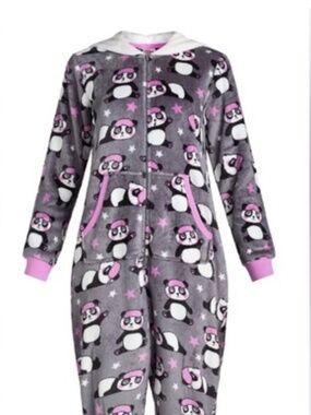 Holiday Time Women's Tired Panda Fleece Hooded Union Suit One Piece NWT